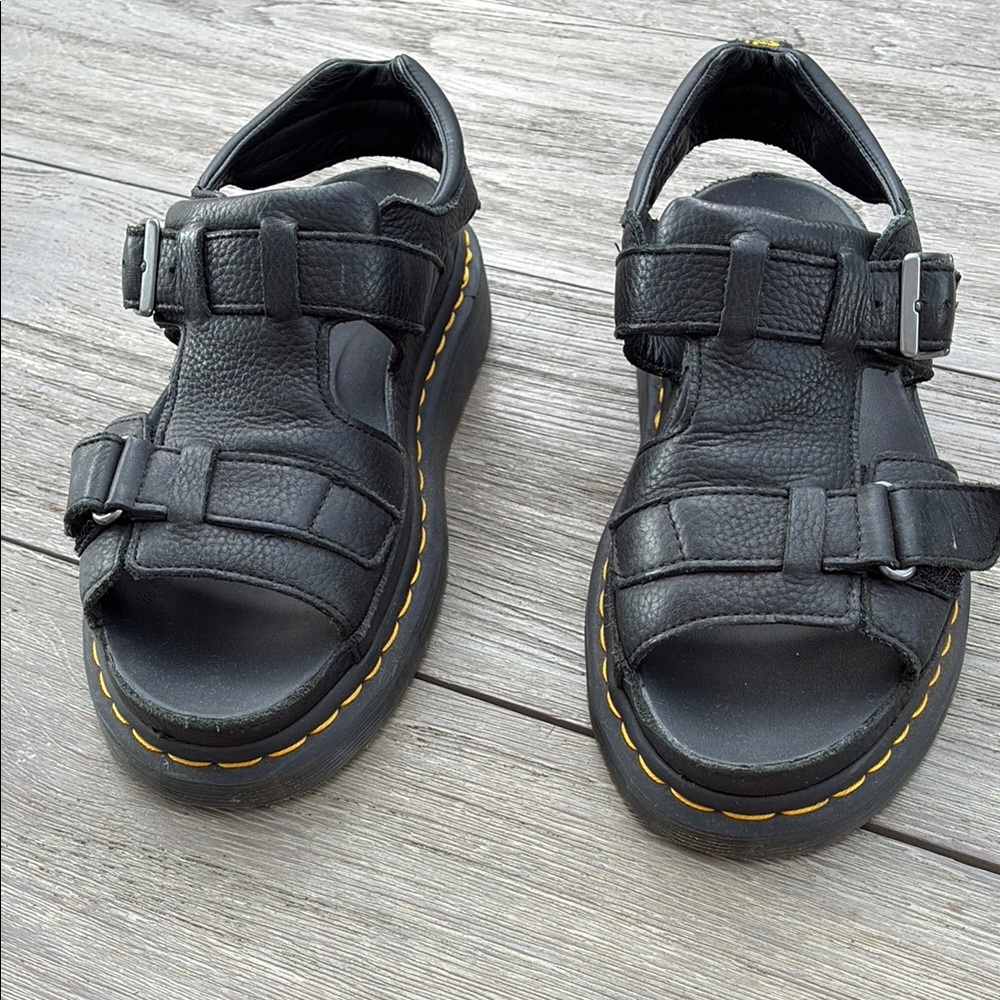 Dr. Martens Black Leather Sandal with Yellow Stitching